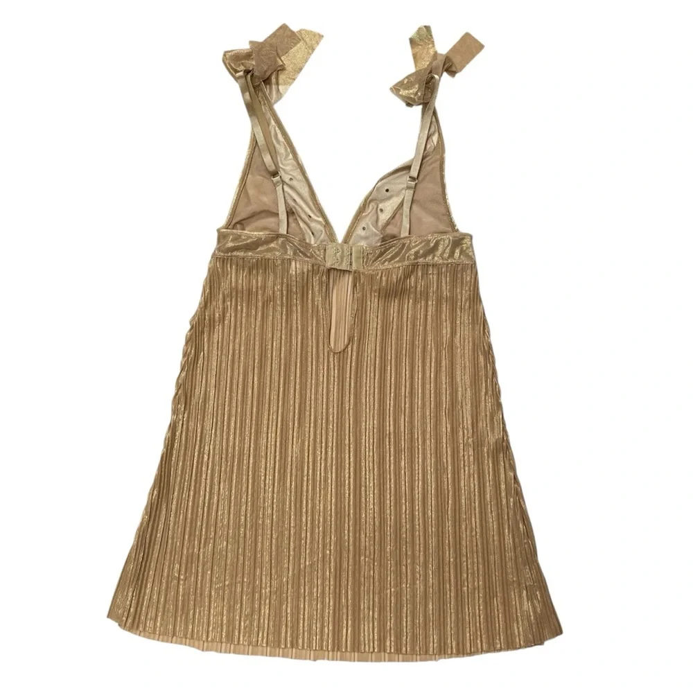 Rampage Gold Shimmer Pleated Chemise Mini Dress Rhinestone Bow Straps‎ Y2K Sz S